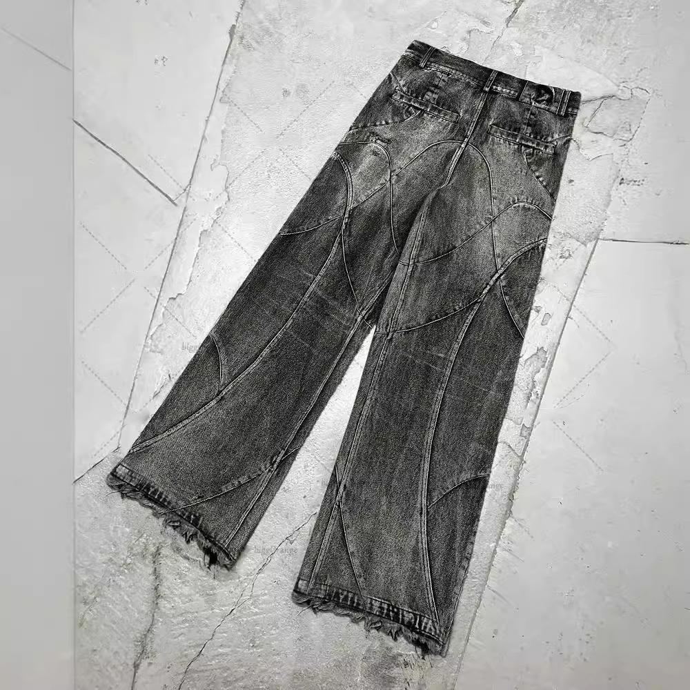 Unisex European American Kalhoty s vysokým pasem Raw Edge Washed Jeans Muži Street Volné Oversized Rovné Široké Džínové kalhoty
