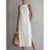 YYFS Women's Fashion Summer Spring Solid Color Print Sleeveless O-Neck Loose Waistline Casual Dresses