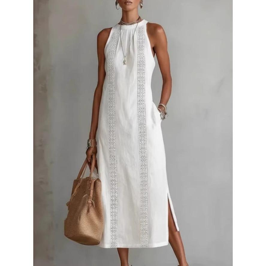 YYFS Women's Fashion Summer Spring Solid Color Print Sleeveless O-Neck Loose Waistline Casual Dresses