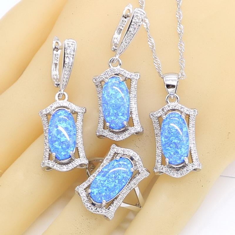 Geometric Blue Opal  Color Jewelry Sets For Women Bridal Necklace Pendant Earrings Rings Birthday Gift Box