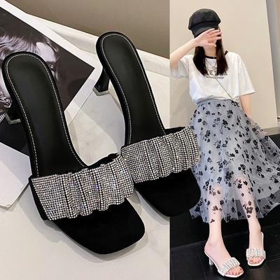 Korean Version of Elegant Square Head Wearing High-heeled Rhinestone One-word Drag Women 2025 Summer New with Skirt Thin-heeled Cool Slippers