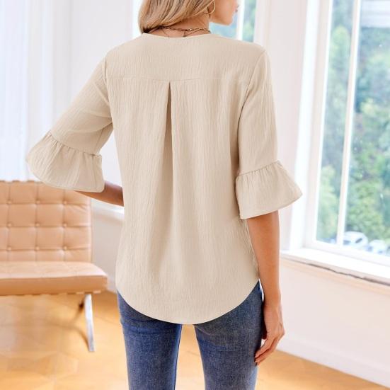 Women Shirt V-Neck Half Sleeve Ruffle Trim Pullover Tops Pure Color Regular Fit Casual Shirt Tops Work Party Vacation Wear