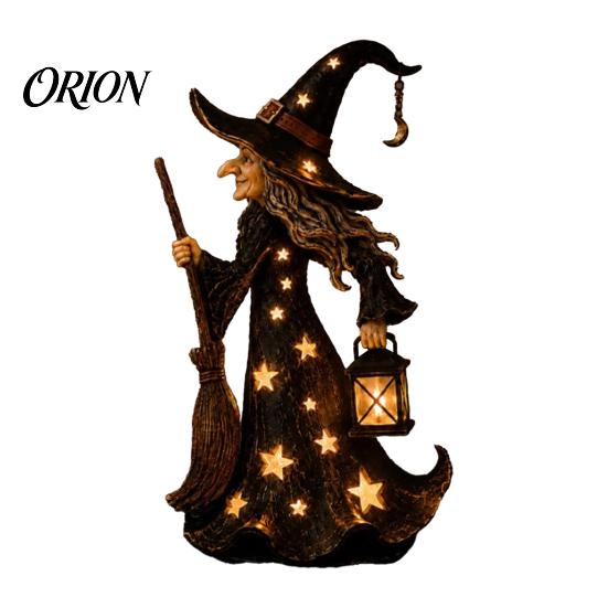 Halloween Party Props Witch Lamp, Light Up Figurine with Broom And Lantern, Gothic Resin Table Decor Spooky Night for Tabletop Indoor Home Mysterious