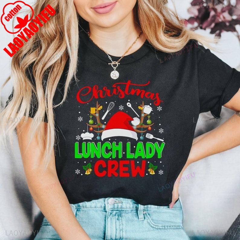 Lunch Lady Christmas Hat Crew Cafeteria Worker Gift School Staff Fashion Funny Printed Tshirt Tops Regular High Quality Cotton