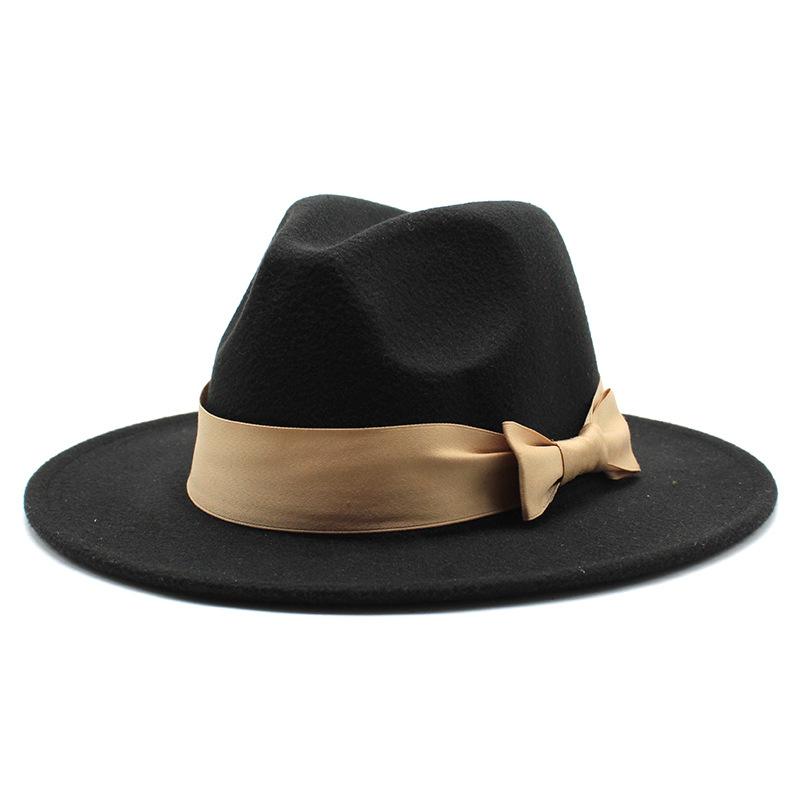 2020 Woolen Top Hat Men'S And Women'S Flat-Brimmed Big Eaves Hat Solid Color Versatile Bow Straight Edge Jazz Hat 22 Colors
