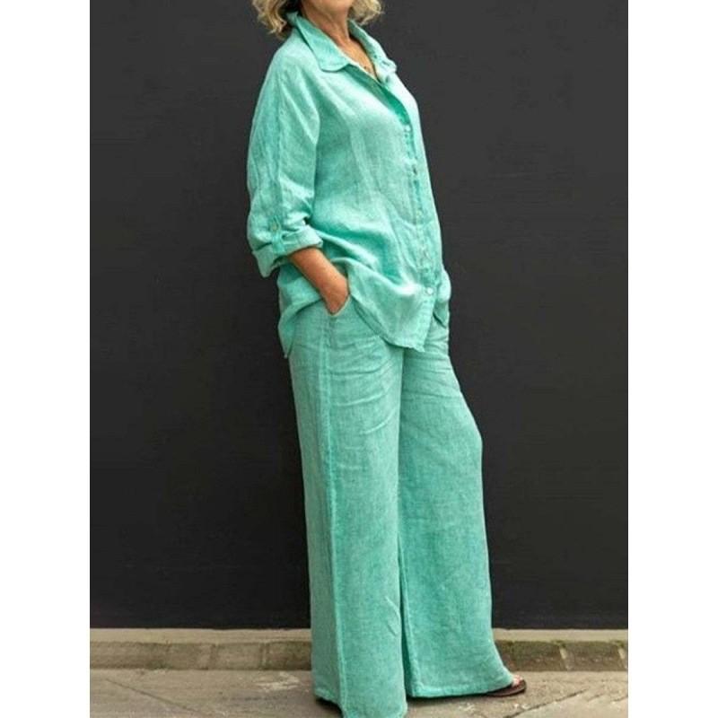 Damen Casual Langarm Knopfleiste Cardigan Hemd und Weite Hosen Set Lockerer Sitz Zweiteiliges Outfit Geeignet für den täglichen Gebrauch
