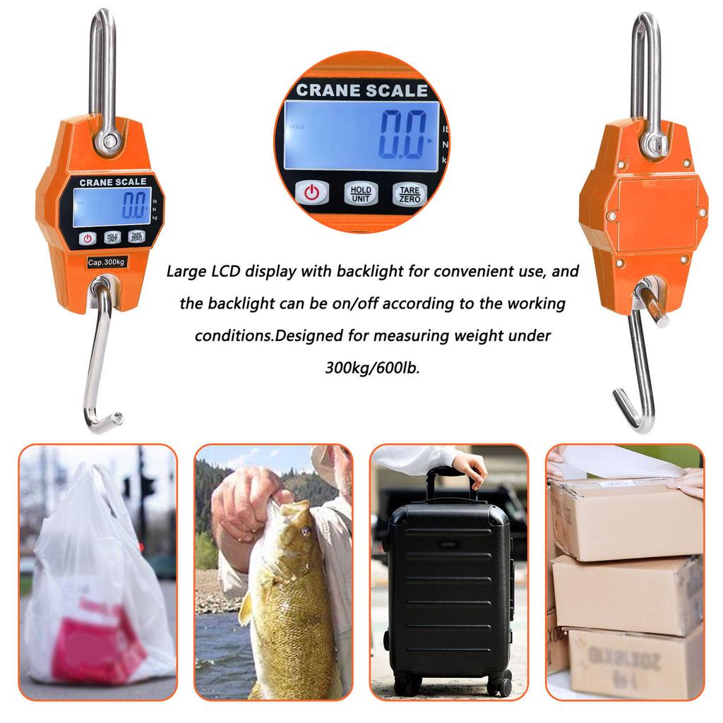 300kg Electronic Crane Scale LCD Digital Weighing Tool Industrial Heavy Duty Weight Stainless Steel Hook Scale Hanging Scale