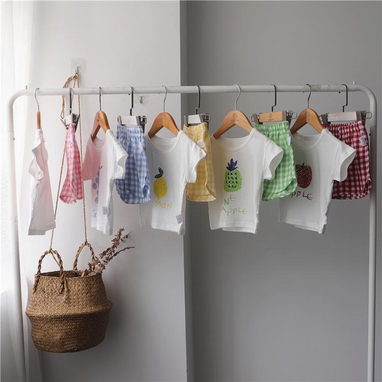 Korean 2026 Kids' Summer Fruit Tee & Plaid Shorts Set