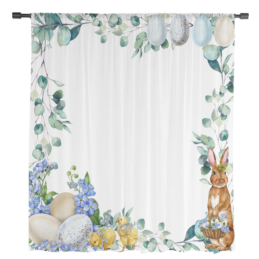 Easter Bunny Eggs Eucalyptus Flowers Sheer Curtains For Living Room Bedroom Kids Room Tulle Window Treatment Drapes