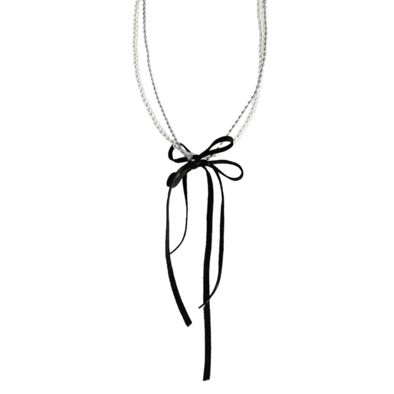 

Stylish Double layer Bowknot Necklace Modern Butterfly Knot Necklace with Fringe Simple Pearls Beaded Neckchains Charm 1