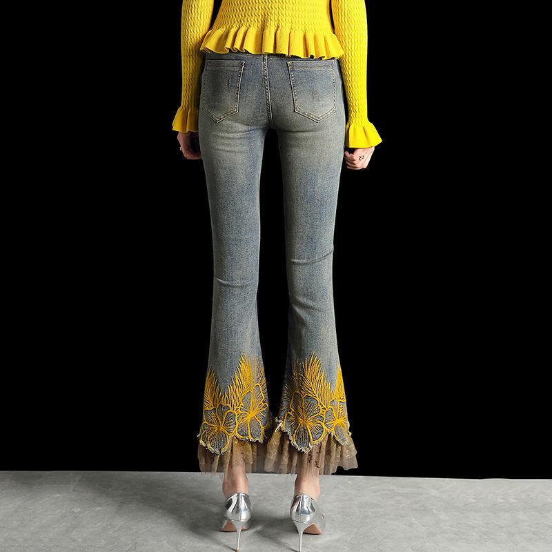 2025 Embroidered Wide Leg Women's High Waist Slimming Micro Flare Jeans - Korean Style, Spring/Autumn
