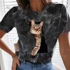 Women's Cat Print T-Shirt, Cute Short-Sleeve Summer Top, Breathable Casual