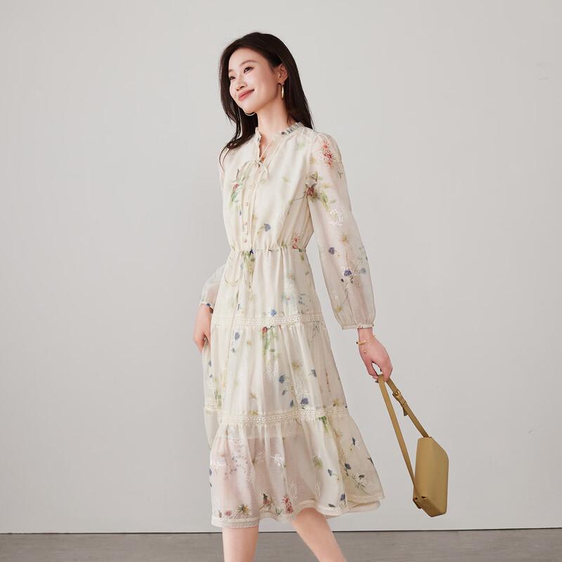 SOFSIL 2026 Spring V-Neck Print Long Sleeve Tie-Waist Dress