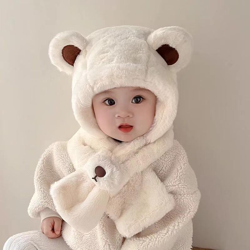 Baby Hat Autumn And Winter Boys' And Girls' Scarves In One Teddy Bear Plush Hat Winter Children's Plush Thickened Windproof Hat