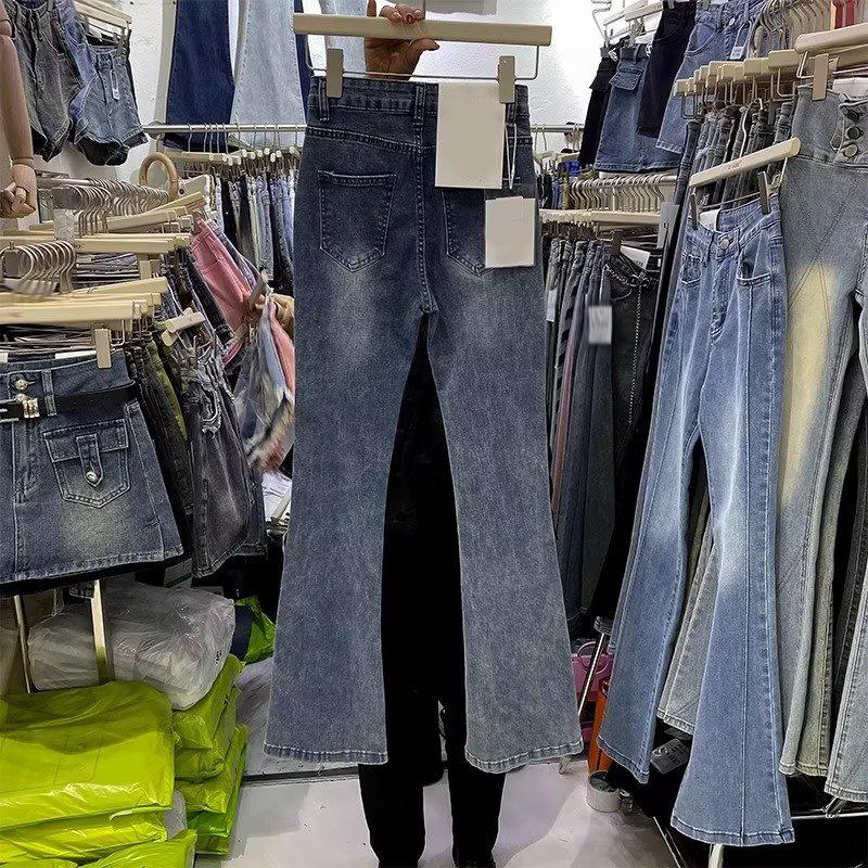 High-Waist Retro Blue Flared Jeans for Women - Slim Fit, Split, Floor-Length Style for Autumn/Winter.