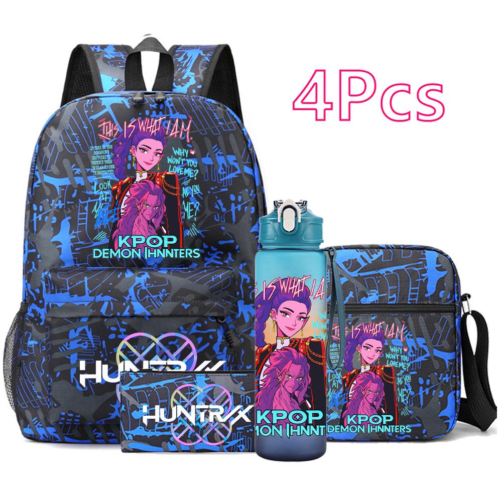 4Pcs/set Cartoon K-pop Printed Backpack Large Capacity Bookbag Shoulder Bag Case Bag with 750ml Water Bottler Boy Girl School Bag Kid Gift