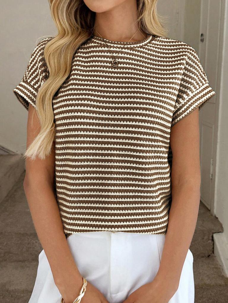 Summer New Women's Round Neck Pullover Two-color Knitted Short-sleeved Top
