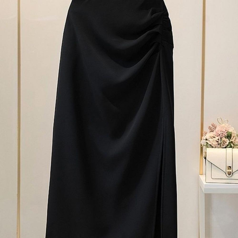 Design Sense of Suit Niche Pleated Skirt Women's Summer and Autumn Mid Length Hip Hugging Skirt Split High Waist One-step Skirt