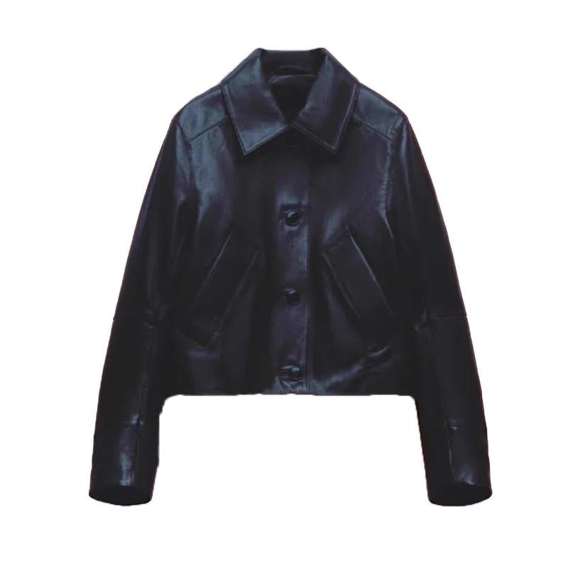 

Весенне-летняя женская одежда Французский лацкан Длинные рукава Декорированный ряд пуговиц Искусственная кожа ПУ Короткая куртка 1966043 Black L