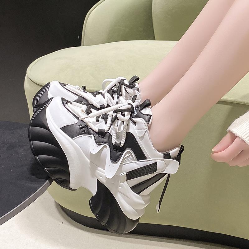 Fashion 10CM Women High Platform Sneakers Autumn Winter Lace-up Chunky Shoes Heels Thick Sole Casual Shoes Woman Sport Leather Sneakers