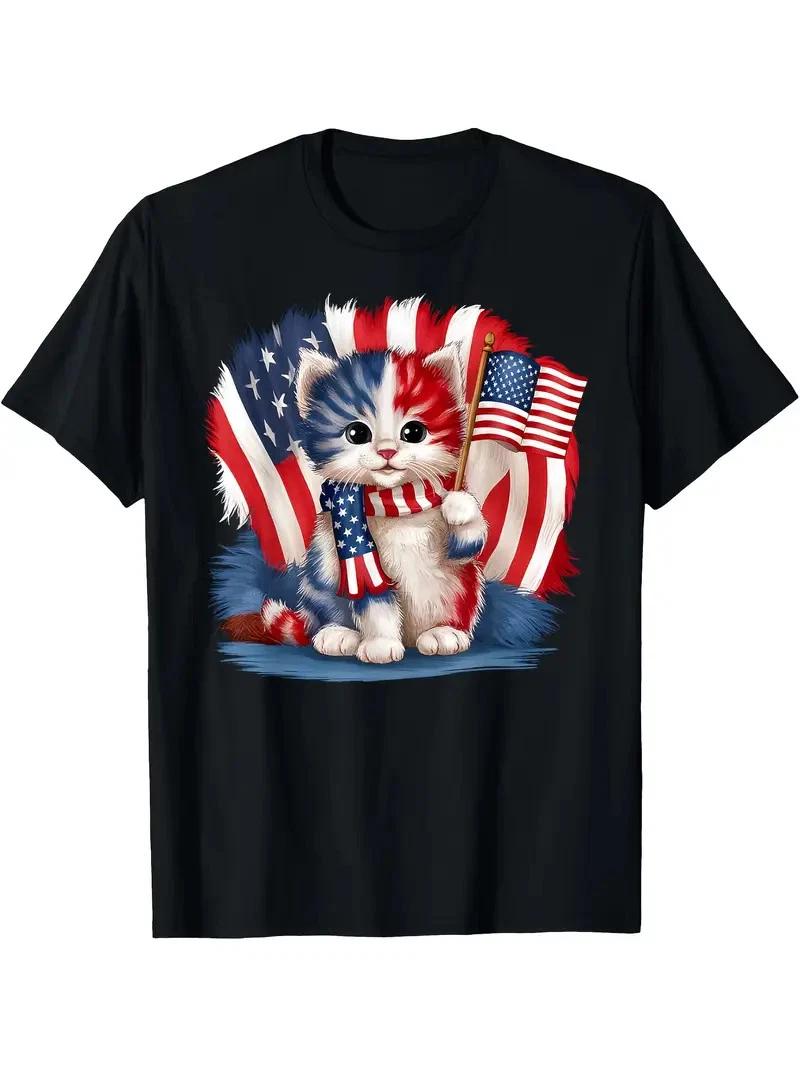 Memorial Day Cat, 4th of July Patriotic USA Flag Fun Gifts T-Shirt XS