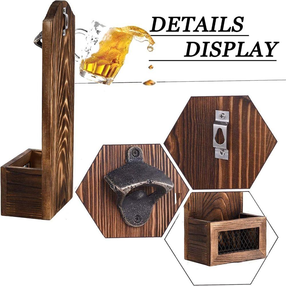 Wall Mounted Wooden Bottle Opener Vintage with Cap Catcher Bottle Opener 2-in-1 Opener Catcher Wooden Beer Opener