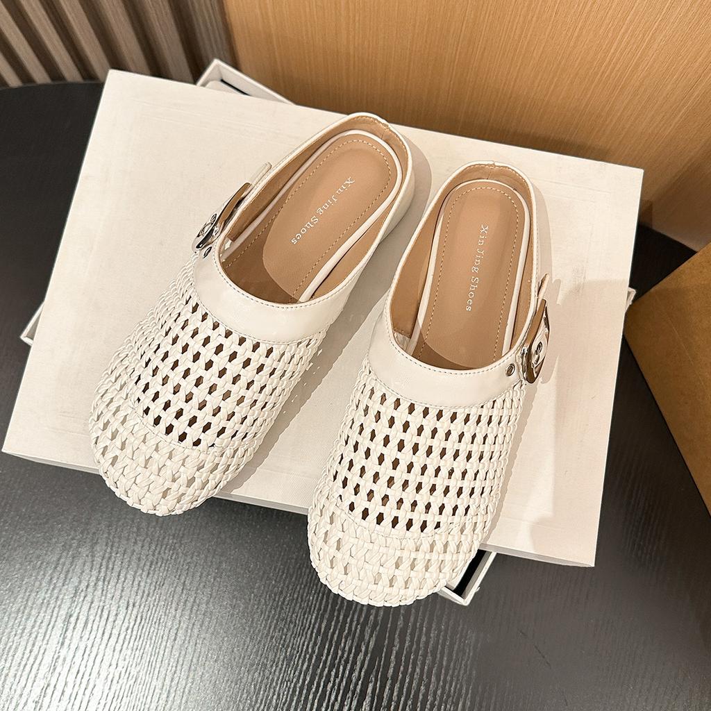 106-1 Fashion woven belt buckle hollow flat-soled single shoes New fairy style low-heeled single shoes commuter women's shoes