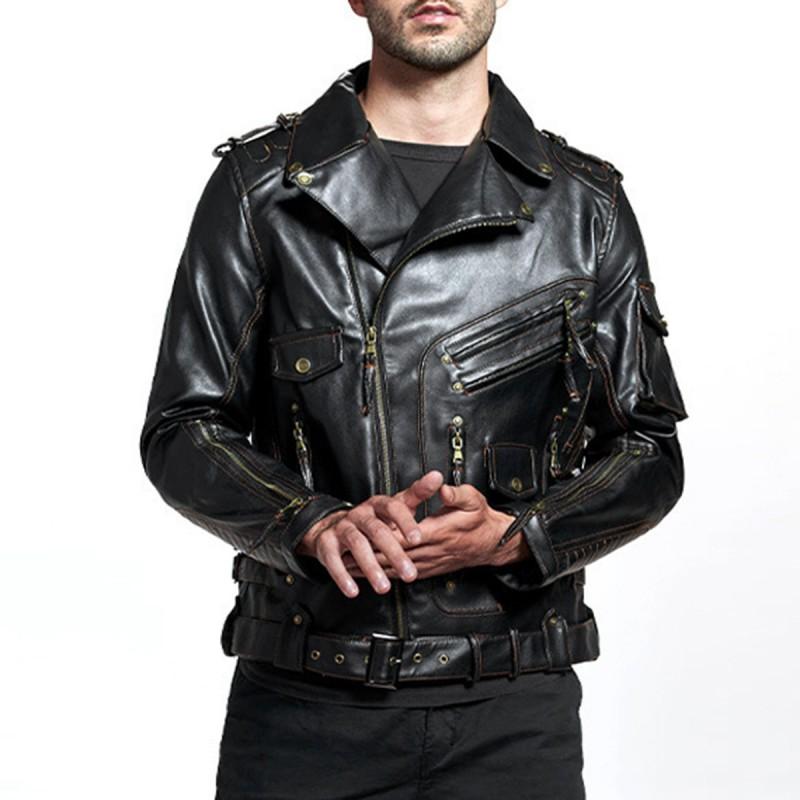 Mens PU Leather Biker Jacket With Multiple Pockets Casual Motorcycle Riding Coat Winter