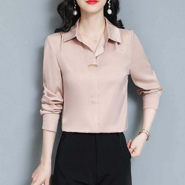 Neues, einfarbiges, lockeres Pendlerhemd im Herbststil für Damen, lässiges, vielseitiges Polokragenhemd
