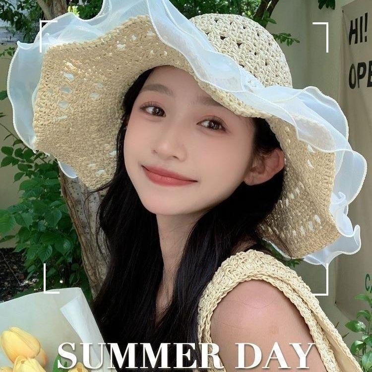 Lace straw sun hat children's large brim summer breathable straw hat seaside full face shading sun protection hat tide