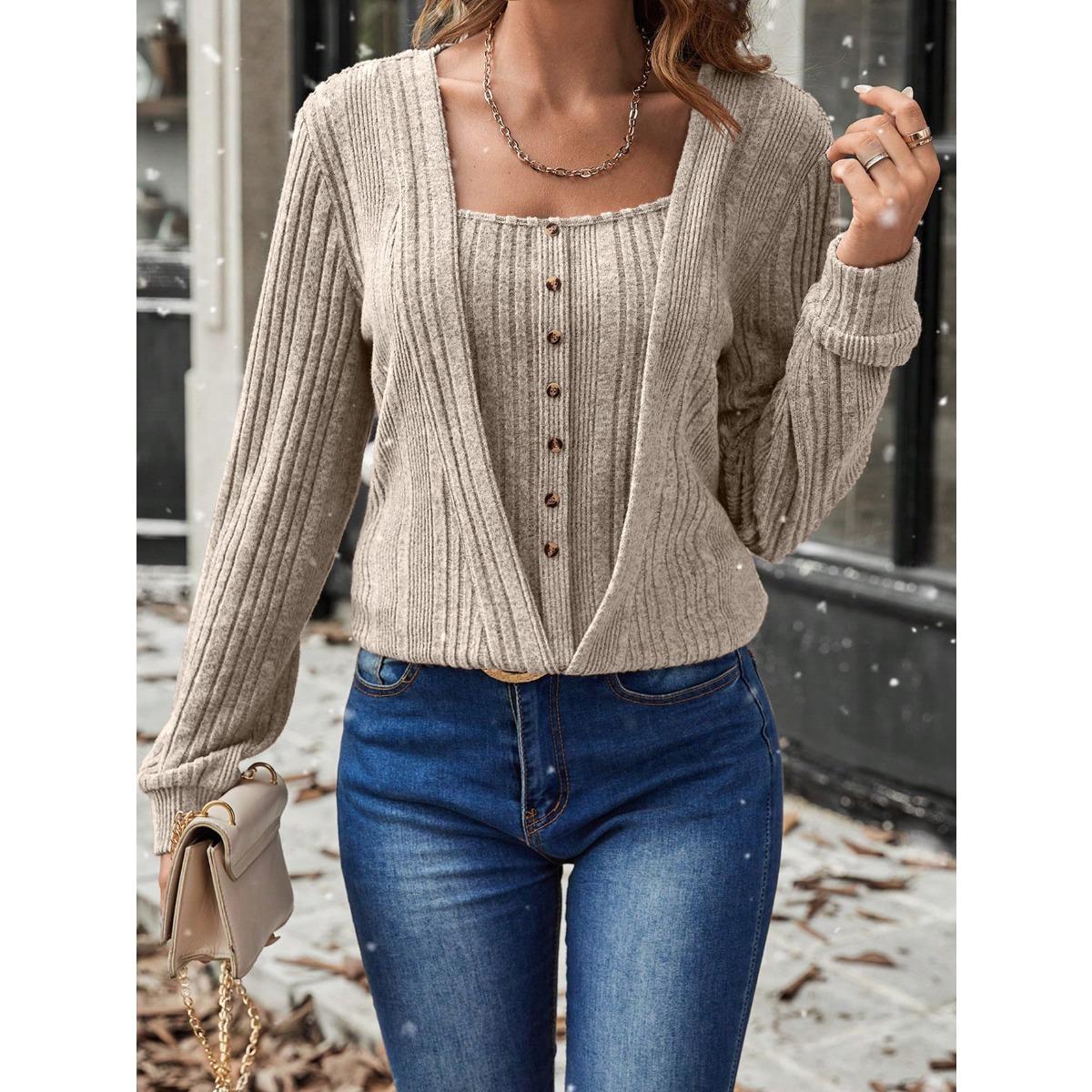 

Fall Winter Women s European American Style Button Two-piece Fake Sweater Knit Top Crossborder New Arrival XXL