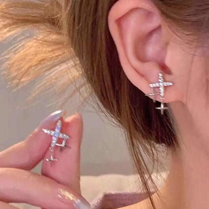 Silver Color Female Luxury Crystal Cross Star Stud Earrings Vintage Wedding Jewelry White Zircon Stone Earrings Jewelry Gifts