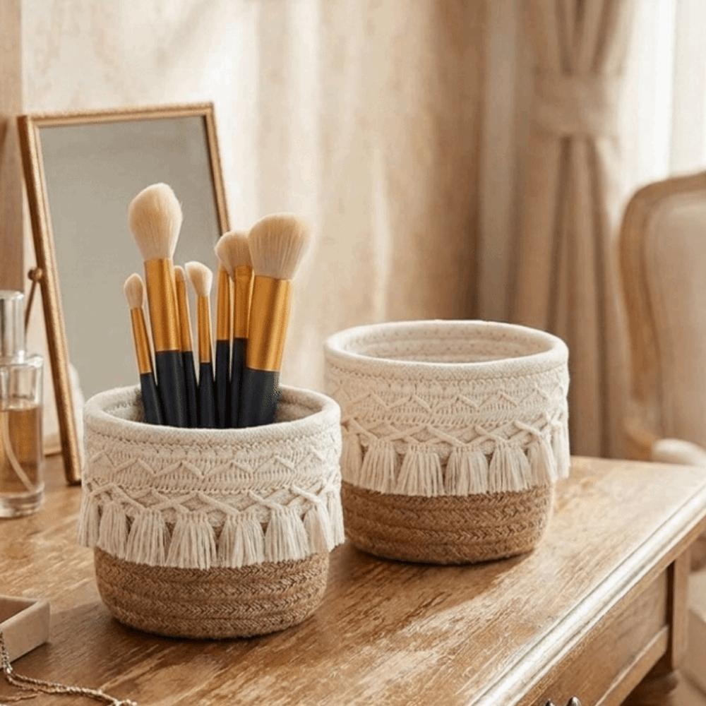 Round Woven Storage Basket Cotton Rope Makeup Brush Storage Box Pen Holder for Living Room