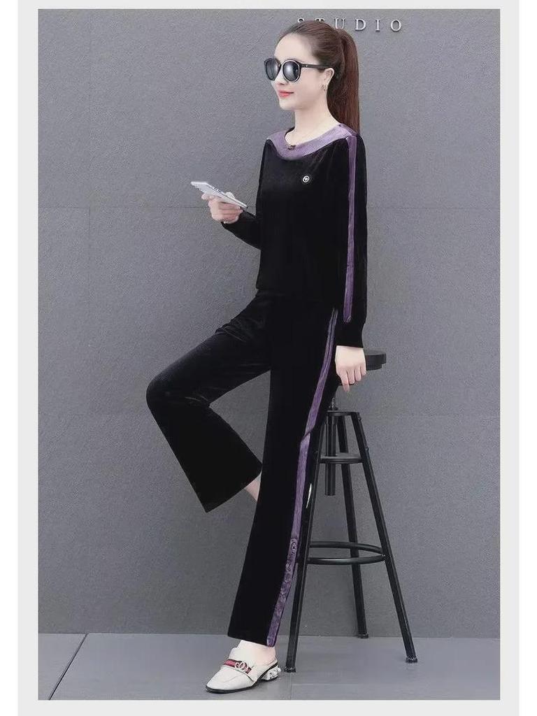 Costum Sport Damă Catifea Aurie: Set elegant, casual din două piese pentru primăvara și toamna 2024