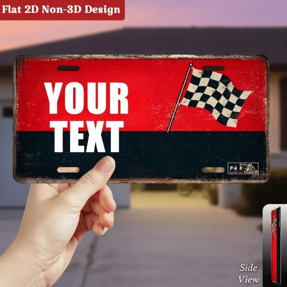 Vintage Racing Checkered Flag Metal License Plate Sign, Custom Personalized Wall Decor, 2D Flat Decorative Plaque