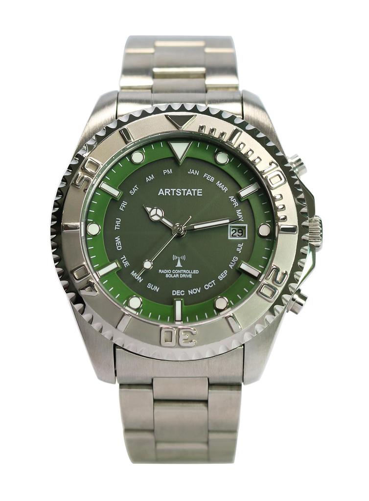 ARTSTATE AS0259A Men's Solar Radio Watch, Date Display, Stainless Steel, Long Life, 100M Waterproof (GREEN)