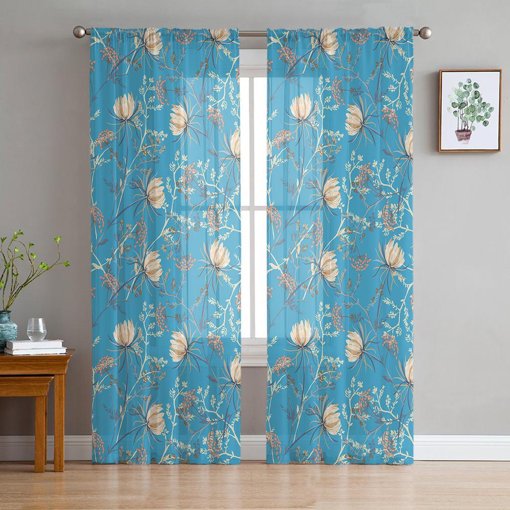 Snow Lotus Branches Leaves Flower Plant Sheer Curtains for Living Room Tulle for Windows Voile Yarn Short Bedroom Curtains
