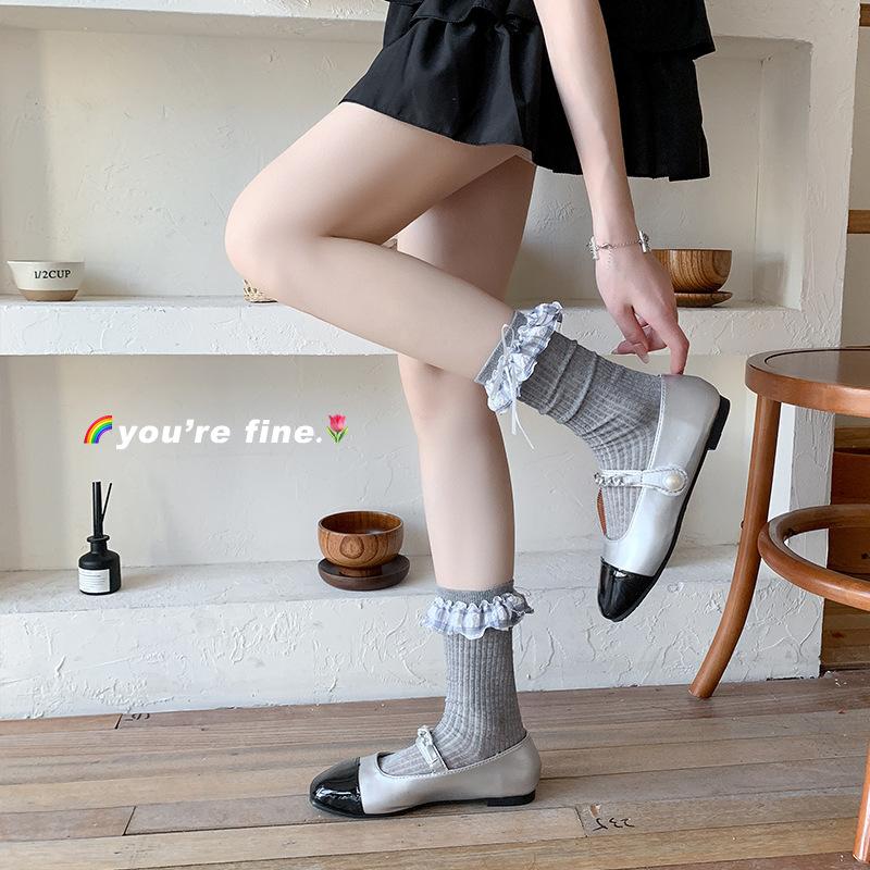 Female Spring Summer New Product Thin Model Check Bow Lace Boneless Cotton Socks