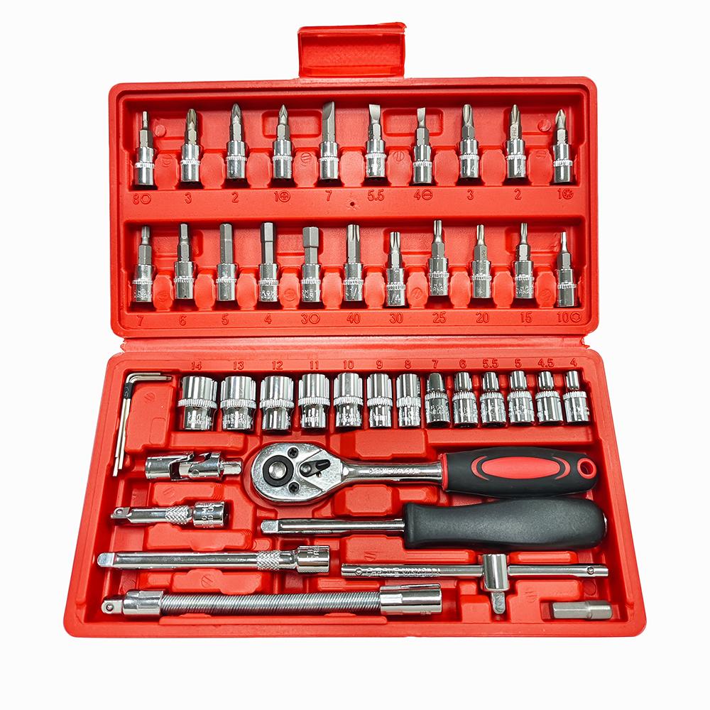 46pcs 46-in-1 Combination Mechanic Socket Wrench Tool Set Hard Case Customizable for Car Motorcycle Bicycle Repair (Red,Hand Tool Kits&46pcs)