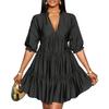 Women’s V Neck Tiered Mini Dress with Three Quarter Sleeve Loose Fit Casual Gathered Skirt Pullover Style