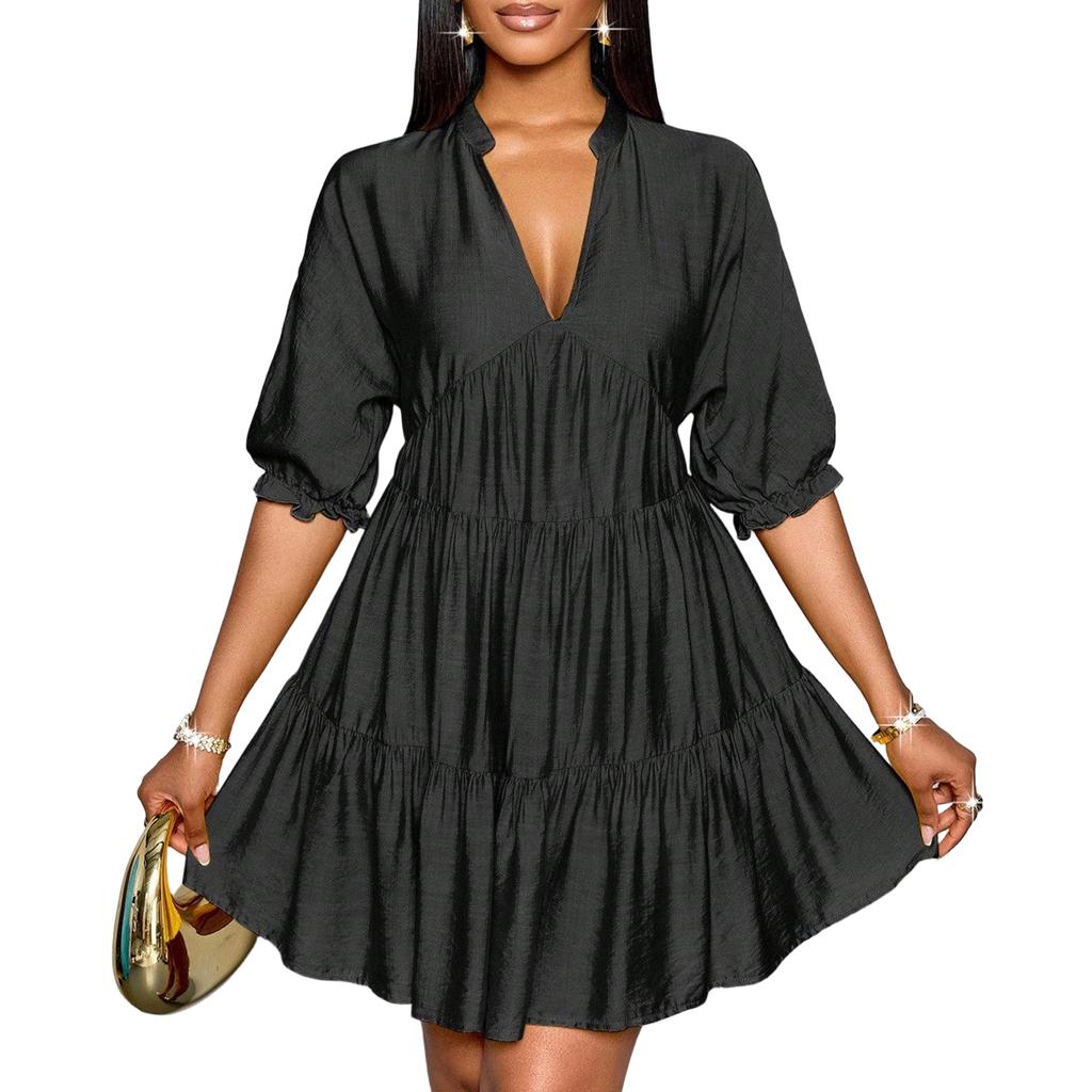 Women’s V Neck Tiered Mini Dress with Three Quarter Sleeve Loose Fit Casual Gathered Skirt Pullover Style
