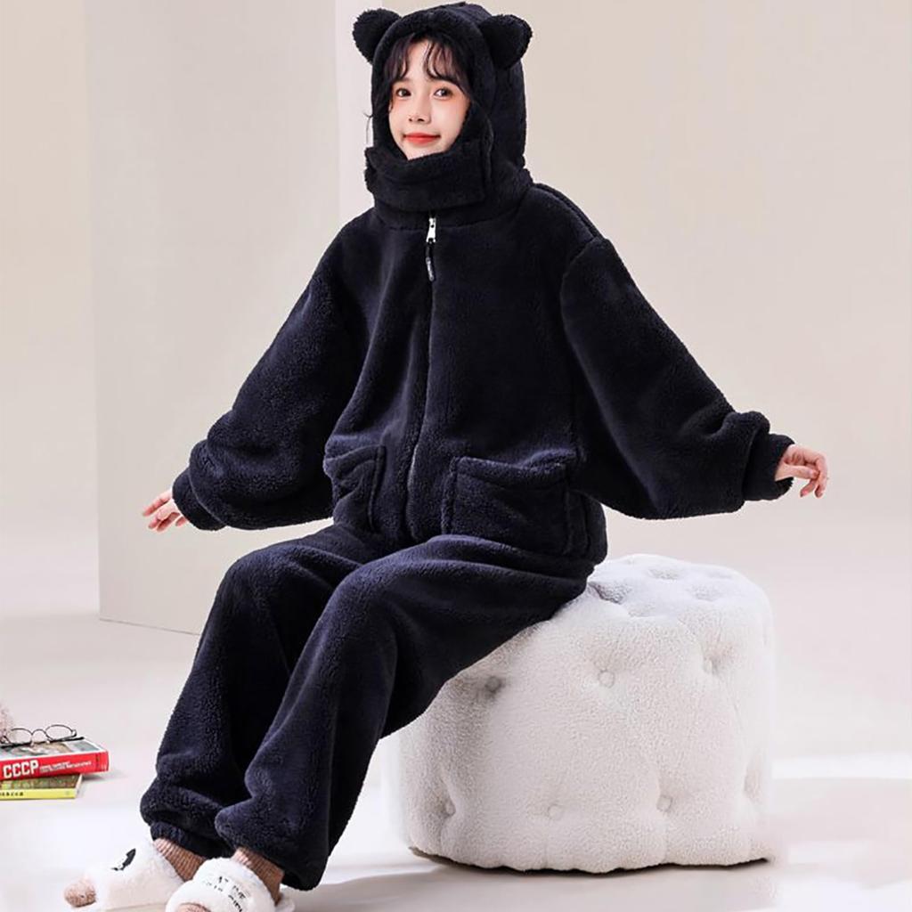 LAVASEON Winter Pajama Cute Animal Print with Bear Warm and Fun Open Thick Fleece Warm and Comfortable Loungewear for Fall and Winter Women's Set,