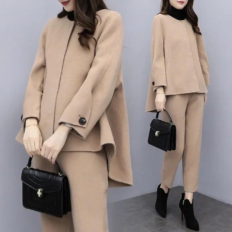 Women's Autumn Winter Woolen Two Piece Set Coat Cucumber Pants Casual Fashionable