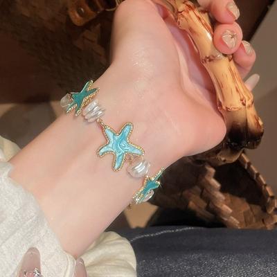 Bohemian Style Acetate Starfish Bracelet Ornaments Adjustable Acetic Acid Star Bangle with Pearl Decorations Beach Hand Chain