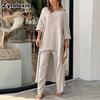 Moda Donna Casual Taglie Forti Set Irregolare Manica Lunga Pantaloni a Gamba Larga Completo Due Pezzi