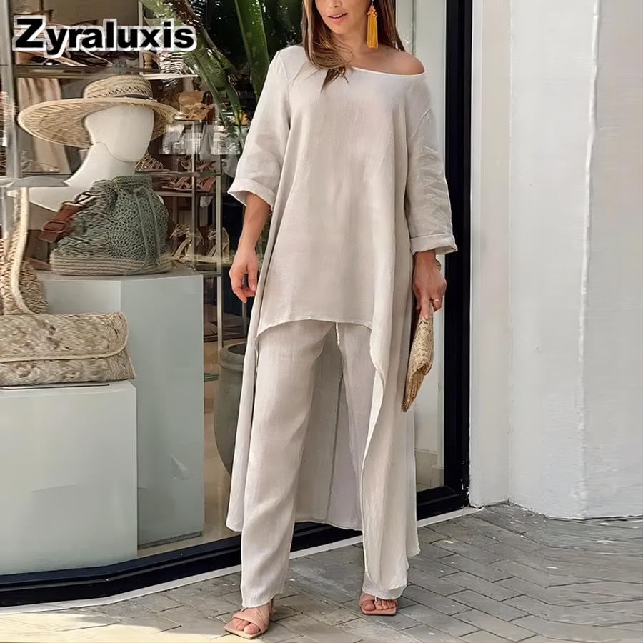 Moda Donna Casual Taglie Forti Set Irregolare Manica Lunga Pantaloni a Gamba Larga Completo Due Pezzi