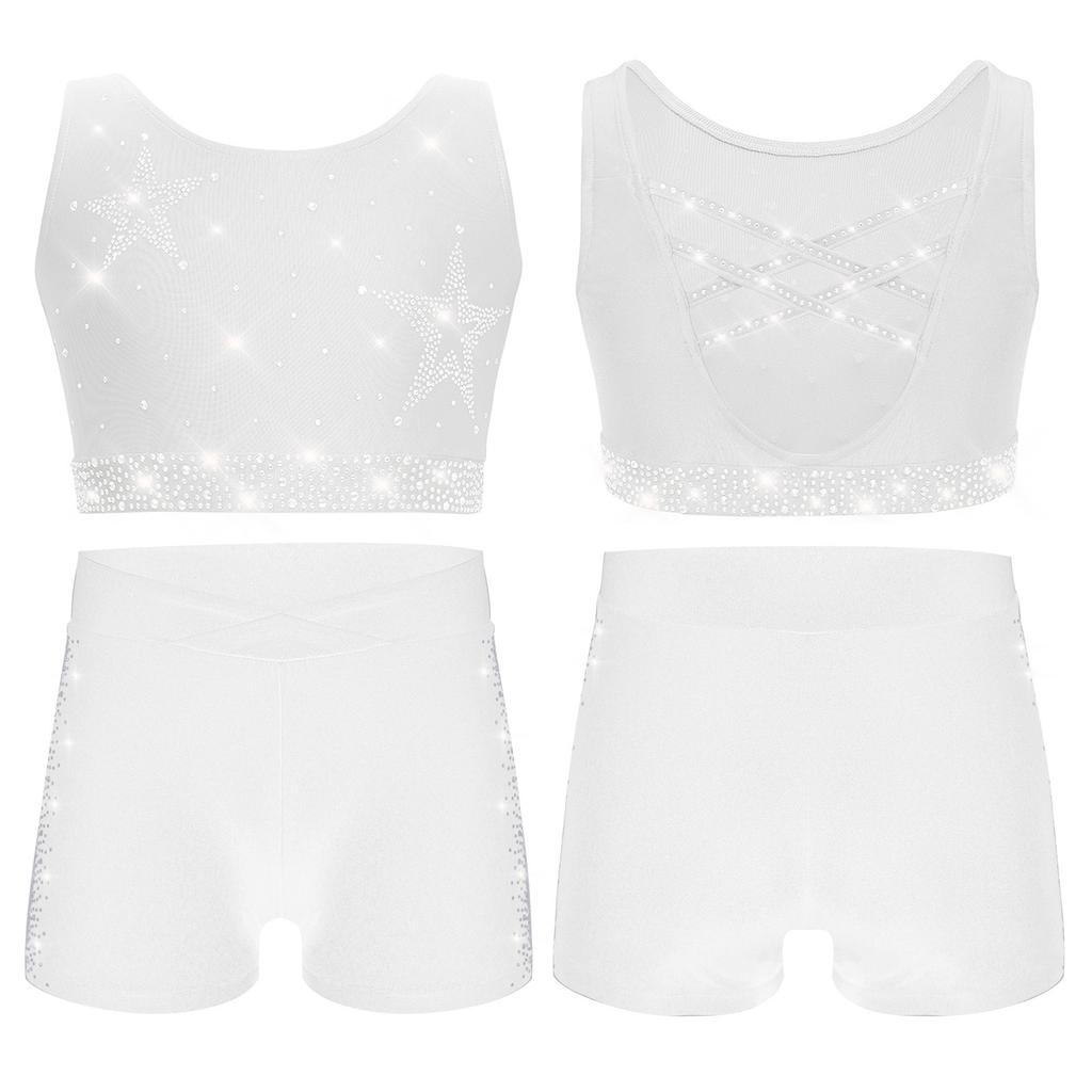 Dívčí gymnasticko-taneční set: Crop top tílko s kamínky, křížením na zádech a véčkem vpředu, s šortkami s elastickým pasem