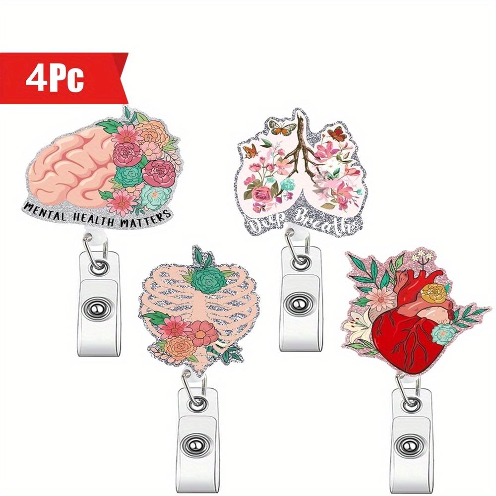 

4 бейджа-ролика в форме сердца с акриловыми дизайнами органов. Бейджи для медицинского персонала и студентов. прозрачный