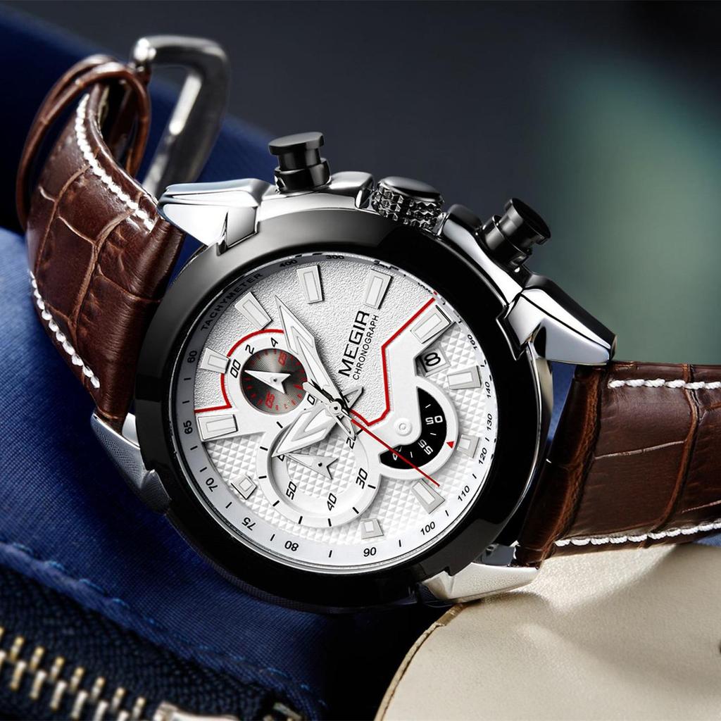 Megir Vojenské sportovní hodinky pánské luxusní kožené vojenské hodinky značky Quartz Hodiny pánské kreativní chronograf