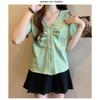 Women Beige V Neck Ruched Button Down Short Sleeve Top